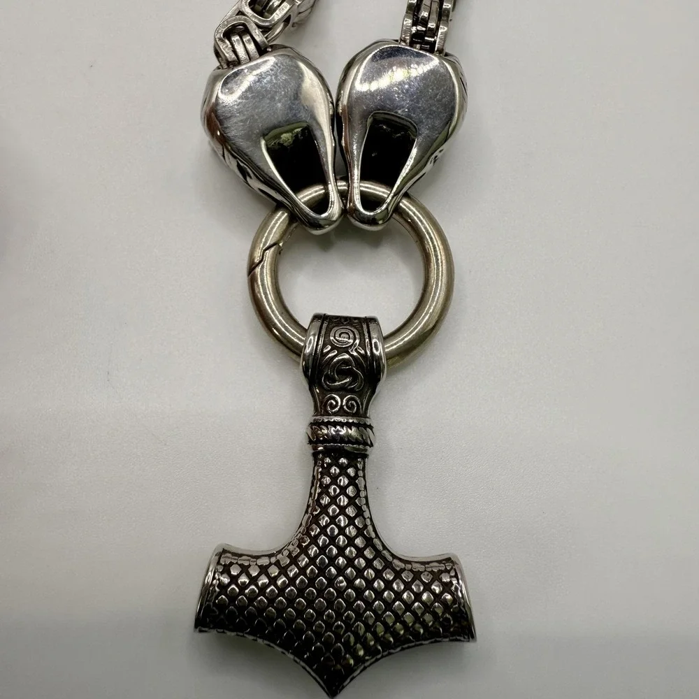 Viking Wolf Heads Mjolnir Thor Hammer Pendant Necklace Silver Tone Chain Mens‎